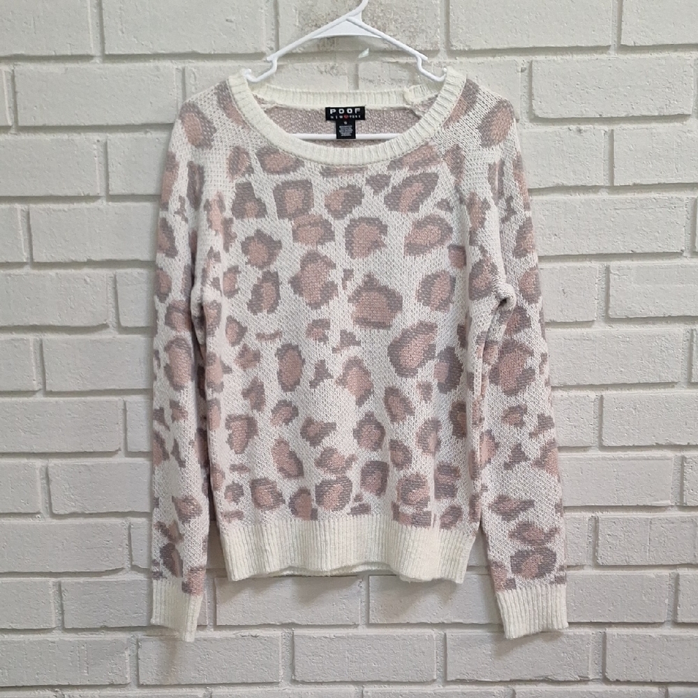 Poof! Pink & Gray Leopard Print Crew-Neck Sweater. Size Small